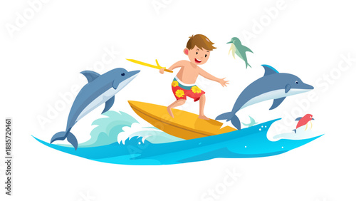 vector illustration of kid on pencil surfing with dolphins