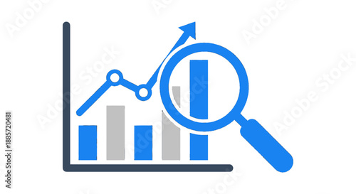 Business growth graph with magnifying glass in blue and gray tones on white background for financial analysis