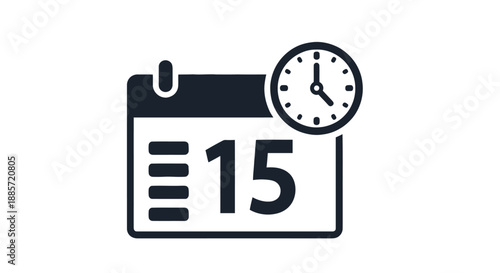 Calendar icon with clock on the 15th day in simple flat design with dark blue color on white background for scheduling