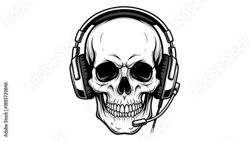 a monochrome illustration of a skull wearing headphones with a microphone suitable for gaming or
