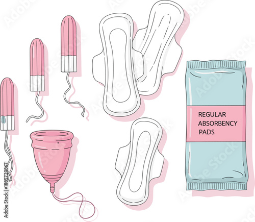 Menstrual hygiene products collection with tampons pads and reusable cup vector illustration set

Keywords (30 single words, comma at end):