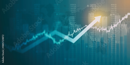 moving up arrow financial chart and stock market graph with world map on blue color background