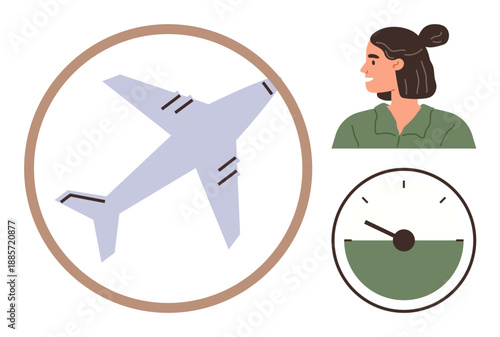 Travel, tourism, aviation, time management, transportation, global connection. Airplane in a circular frame, gauge and woman profile. Travel and tourism theme with a sense of timing and motion