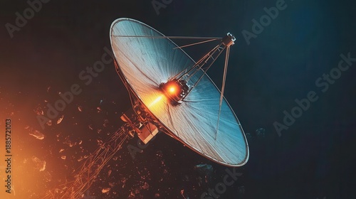 A large parabolic satellite dish antenna glows with orange light against a dark, speckled background symbolizing communication technology