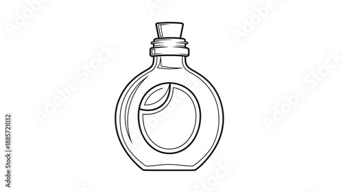 A simple black and white illustration of a vintage round glass bottle with a cork stopper