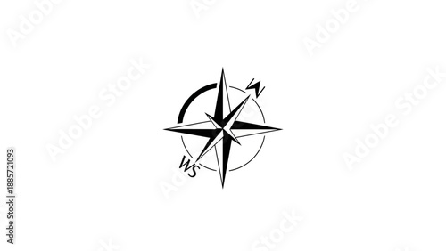 A stylized black and white compass rose symbolizing direction and navigation on a clean white