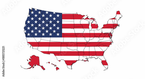 Patriotic graphic illustration of a prominent North American nation's map, vibrantly adorned with its iconic stars and stripes national flag design, symbolizing unity