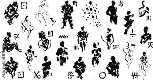 Black ink brush stroke figures and abstract shapes on white background