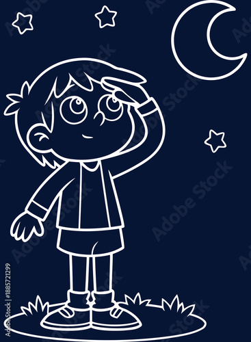 Child Gazing At Stars And Crescent Moon, Night Sky Outline Vector Illustration