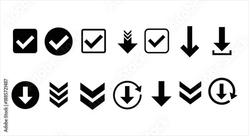 Set of download and checkmark icons in black and white