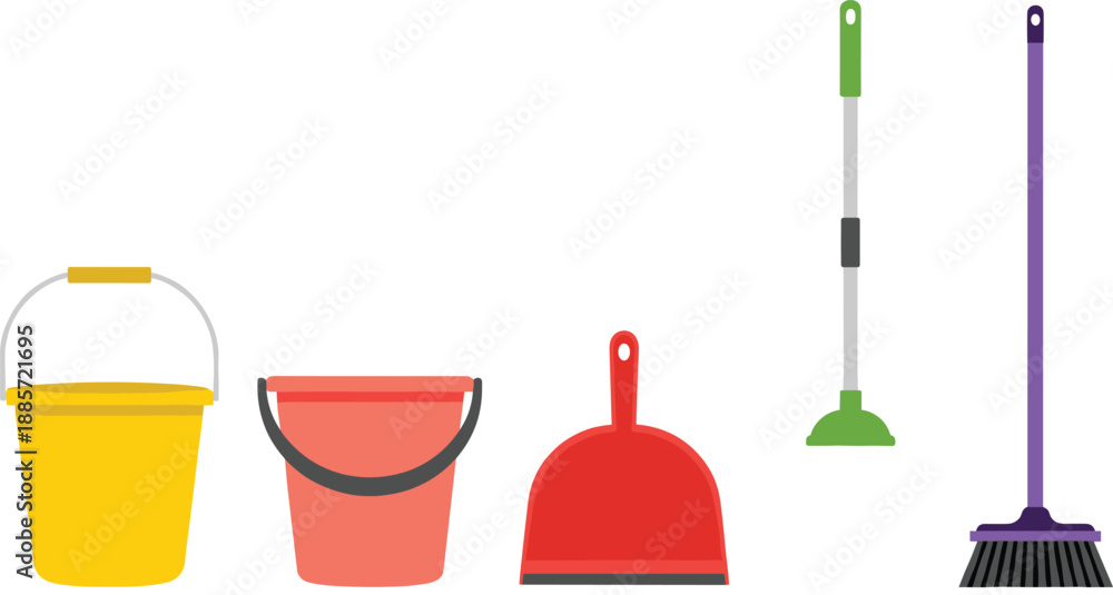 Fototapeta premium Cleaning tools set including buckets dustpan plunger and broom household vector illustration isolated