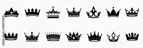 Crown king mega set. Collection different crown sign, silhouette crown symbol. Crown set. Vector illustration