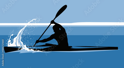 Kayaker paddling through calm blue waters with splash
