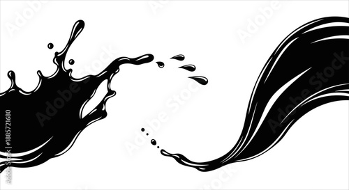 Dynamic Black Liquid Splashes and Flowing Ink Streams. Abstract Graphic Design Elements