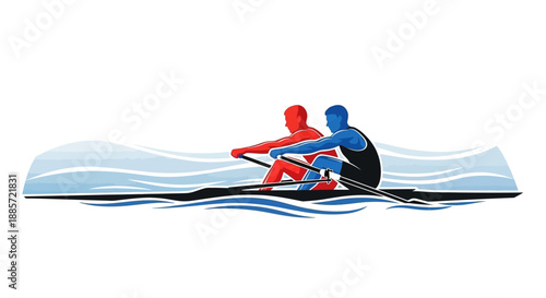 Two rowers in sync on water with oars