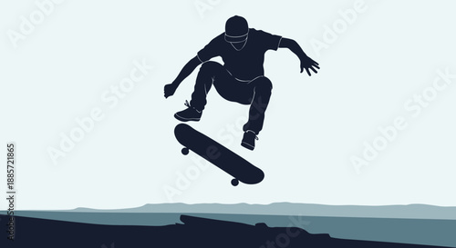 Skateboarder performing aerial trick against scenic landscape