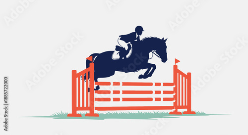 Equestrian athlete riding horse over obstacle in competition
