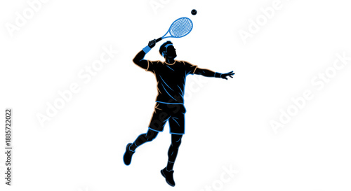 Dynamic tennis player serving ball with powerful swing in mid-air