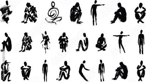 Collection of black ink brush stroke human figures in various poses silhouette black and white