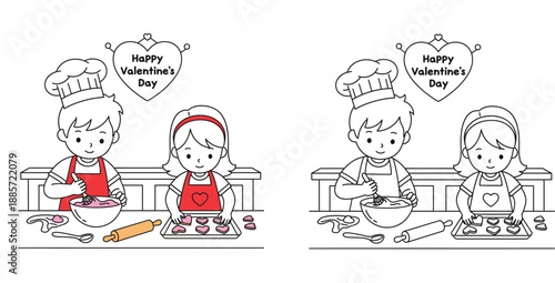 Kids baking heart cookies for Valentine's Day in kitchen, vector illustration with coloring page outline and colored version.