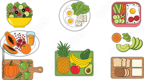 Healthy food plates and fresh fruits vegetables breakfast meal collection vector illustration set