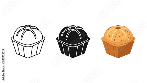 Three muffin illustrations in different styles and colors on white background