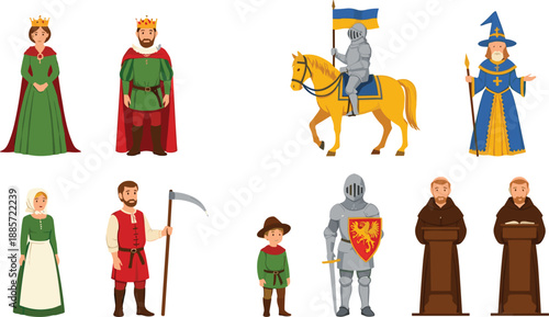 Medieval fantasy characters collection with king queen knight wizard monk and villagers vector illustration set