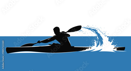 Kayaker paddling through ocean waves with dynamic splash