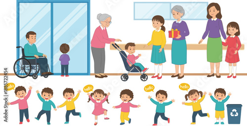 Happy family and kids greeting together with grandparents everyday lifestyle vector illustration set