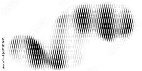 Hexagon halftone gradient texture. Abstract black grunge background. Geometric retro halftone tech overlay. Fading wavy hexagonal pattern backdrop. Vector vanishing honeycomb grunge bitmap wallpaper