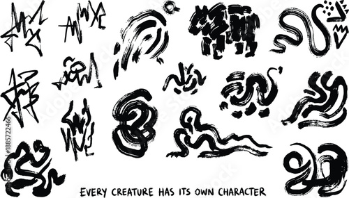 Black ink brush stroke of abstract creatures and symbols animal artistic black and white
