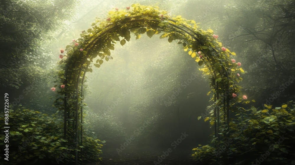 Fototapeta premium An overgrown garden archway woven with intertwined luminous vines and lush foliage forming a magical entrance shrouded in mist