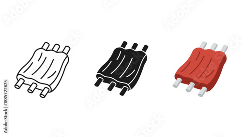 Three hot dog illustrations in black, white, and red on white