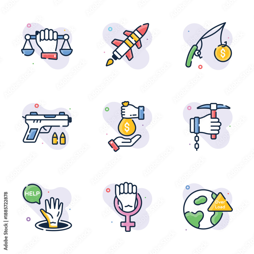 Fototapeta premium Easy to use flat outline style icons set of social issues, premium vectors
