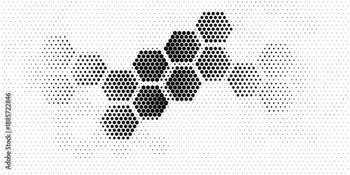 Hexagon halftone gradient texture. Abstract black grunge background. Geometric retro halftone tech overlay. Fading wavy hexagonal pattern backdrop. Vector vanishing honeycomb grunge bitmap wallpaper