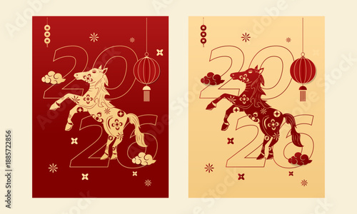 Happy Chinese new year 2026 , modern design set in red, gold and white colors , Year of the horse zodiac , Asia oriental traditional ornament, frame and border ,	
