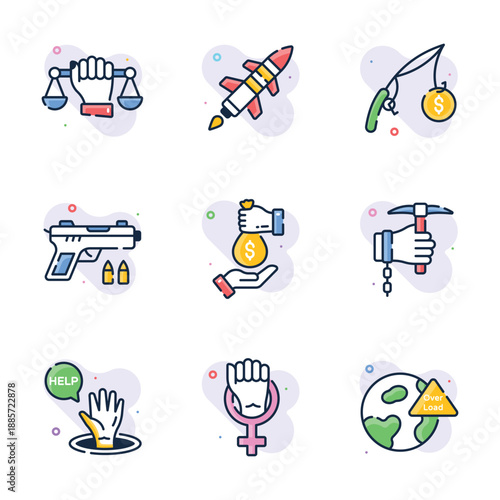 Easy to use flat outline style icons set of social issues, premium vectors