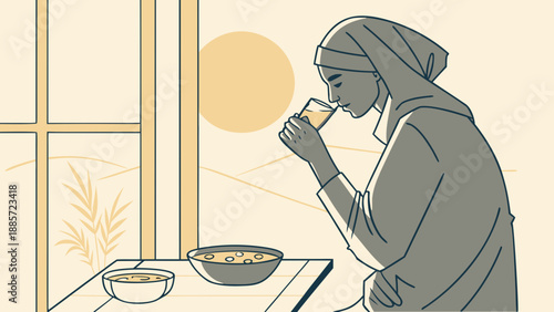 Serene illustration of a woman in hijab having a meal and drink by a window, with warm light and landscape view