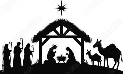 Black and white nativity silhouette illustration with stable, baby Jesus, Mary, Joseph, shepherds, star, donkey, and camel for Christmas and religious themes.
