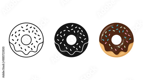 Three donuts with different toppings and glazes on white background