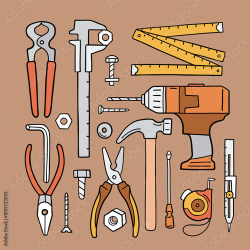 Set of hand drawn tools. Hand drawn clipart on isolated background.