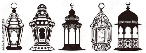 Set of Arabic lantern illustrations in black and white. Traditional Islamic lamp silhouettes and line art for Ramadan Kareem and Eid decoration.
