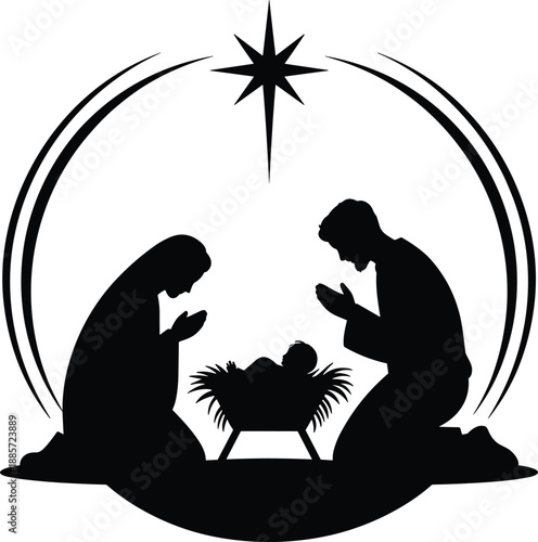 Black silhouette nativity illustration with baby Jesus in manger, Mary and Joseph praying, and Bethlehem star for Christmas, religious, and festive themes.
