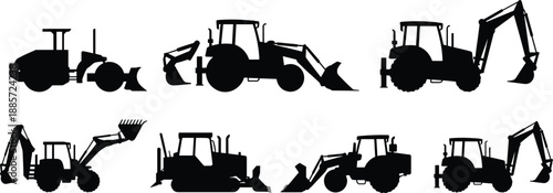 Construction machinery silhouette set with tractor, excavator, backhoe loader, bulldozer, heavy equipment icons, industrial vehicles, vector illustration for engineering and building design