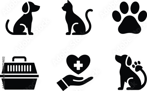 Pet care silhouette icon set with dog, cat, paw print, animal carrier, veterinary heart and hand symbols, black vector icons for animal services