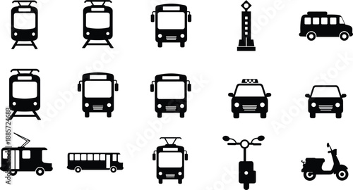 Public transport and vehicle icons set including bus, tram, taxi and scooter silhouettes, urban transportation symbols isolated on white background illustration