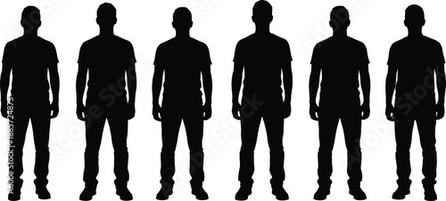 Row of men silhouettes standing in identical poses, isolated on white background, minimal human figures concept, male people silhouettes illustration