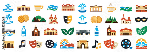 Karlovy Vary Landmark Icons Collection with Architecture, Waterfalls, and Nature Elements