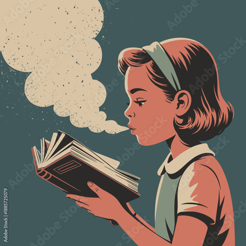 Young girl reading a book and imagining stories with interest  