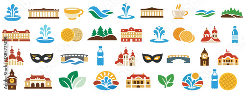 Karlovy Vary Landmark Icons Collection with Architecture, Waterfalls, and Nature Elements